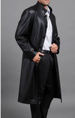 Men's Genuine Leather Knee Length Trench Long Coat MC06