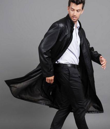 Men's Genuine Leather Knee Length Trench Long Coat MC06