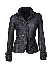 Women's Four Button Closure Peacoat Leather Jacket WJ065