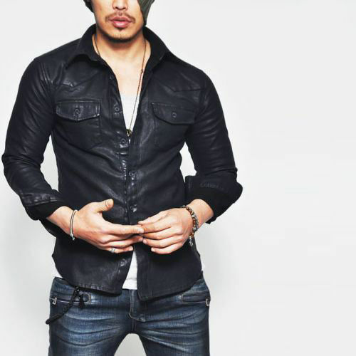 Men's Black Leather Slim Fit Stylish Modern Shirt MS05