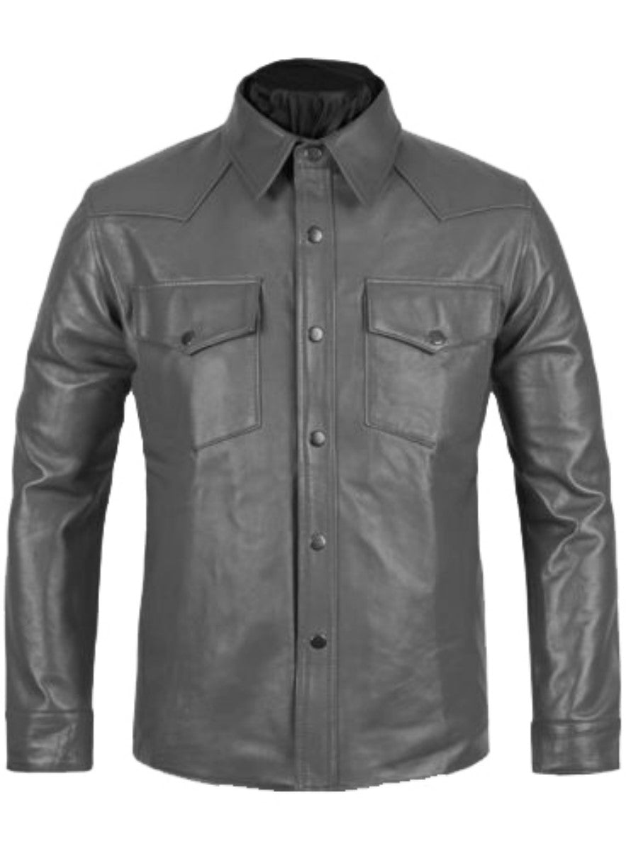 Men's Gray Leather Slim Fit Bold Design Snap Button Shirt MS06