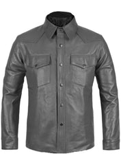 Men's Gray Leather Slim Fit Bold Design Snap Button Shirt MS06