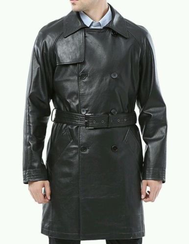 Men's Leather Knee Length Trench Long Coat MC05