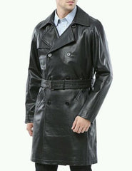 Men's Leather Knee Length Trench Long Coat MC05