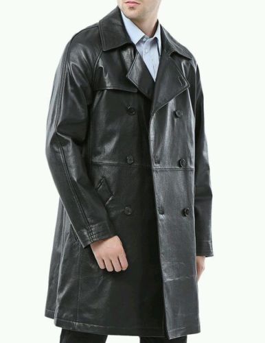 Men's Leather Knee Length Trench Long Coat MC05