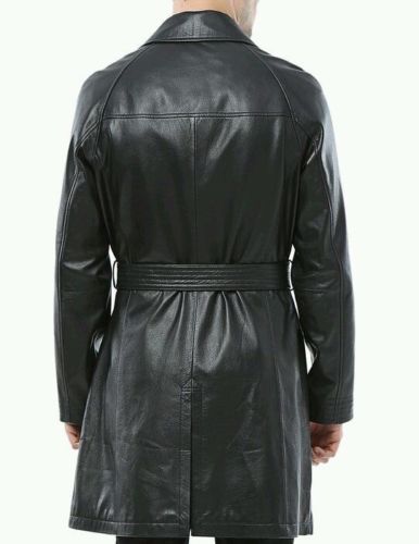 Men's Leather Knee Length Trench Long Coat MC05