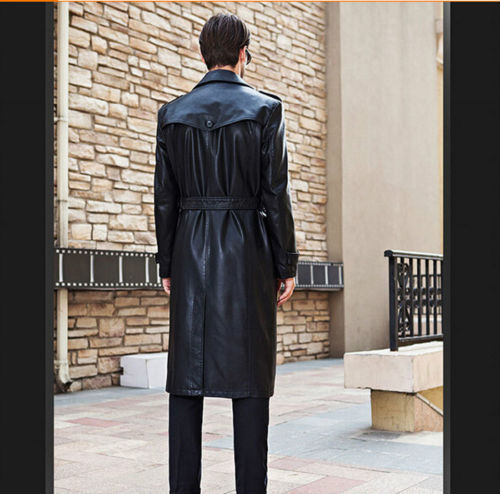 Men's Leather Knee Length Trench Long Coat MC03