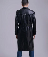 Men's Leather Knee Length Trench Long Coat MC04