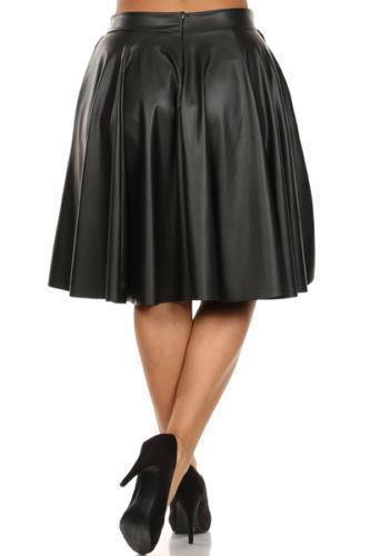 Women's Above Knee Black Leather Flared Skirt WS08