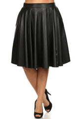 Women's Above Knee Black Leather Flared Skirt WS08