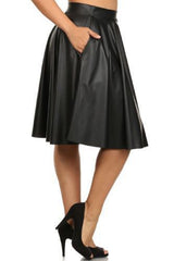 Women's Above Knee Black Leather Flared Skirt WS08