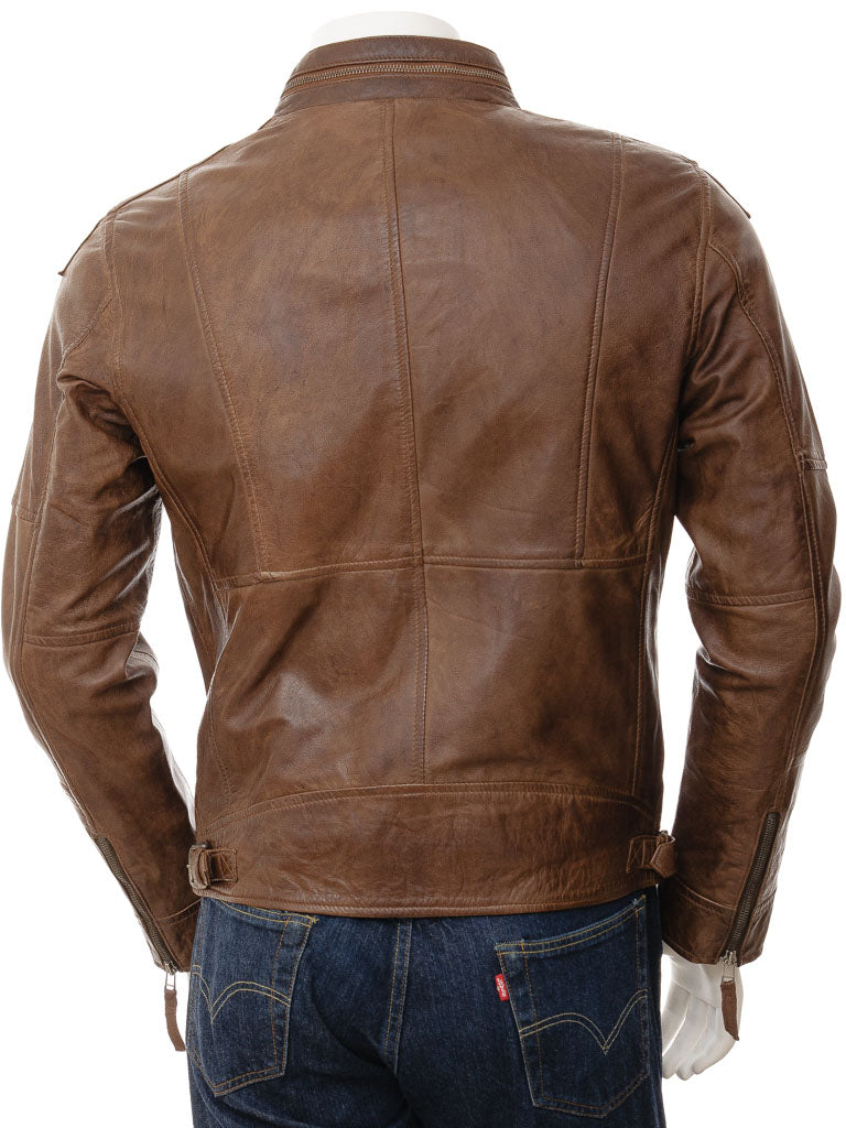 Men's Vintage Brown Leather Jacket with Zipper Details MG06