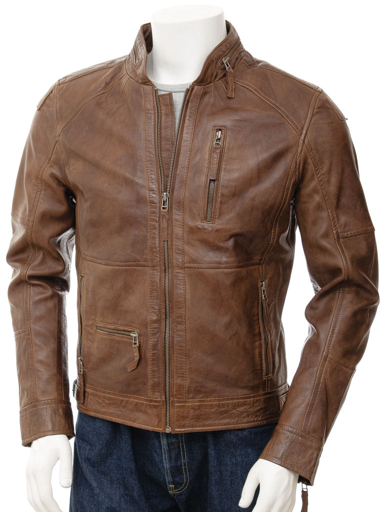 Men's Vintage Brown Leather Jacket with Zipper Details MG06