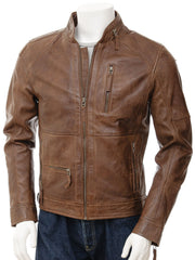 Men's Vintage Brown Leather Jacket with Zipper Details MG06