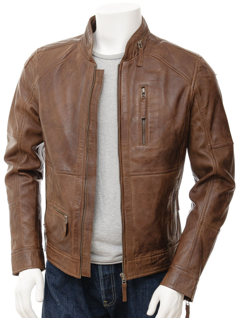 Men's Vintage Brown Leather Jacket with Zipper Details MG06