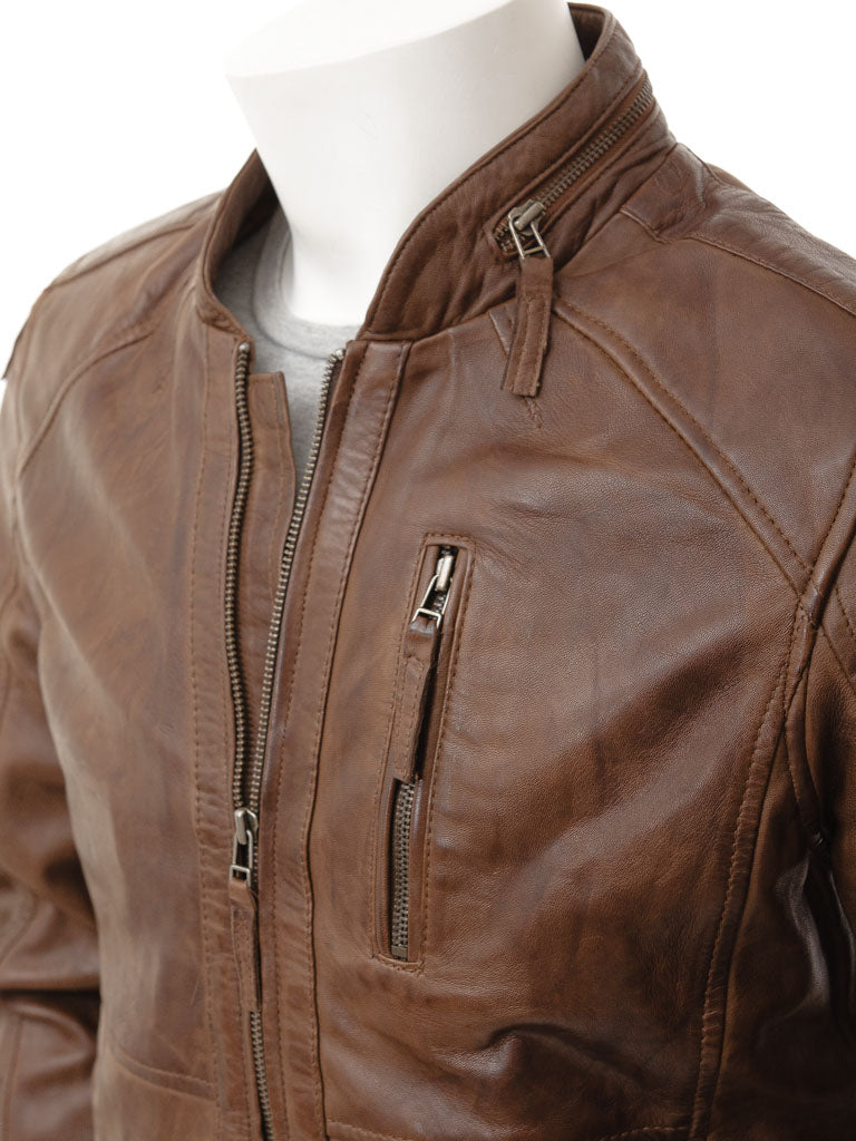 Men's Vintage Brown Leather Jacket with Zipper Details MG06