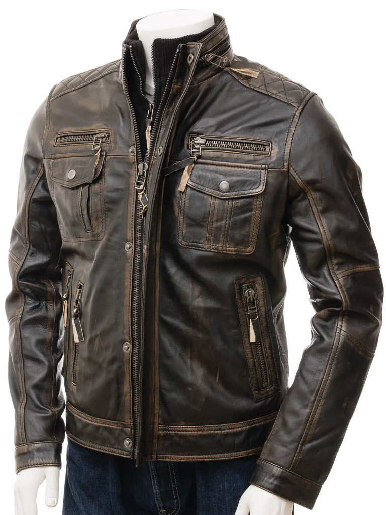 Men's Vintage Distressed Black Leather Jacket MG07