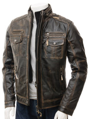 Men's Vintage Distressed Black Leather Jacket MG07