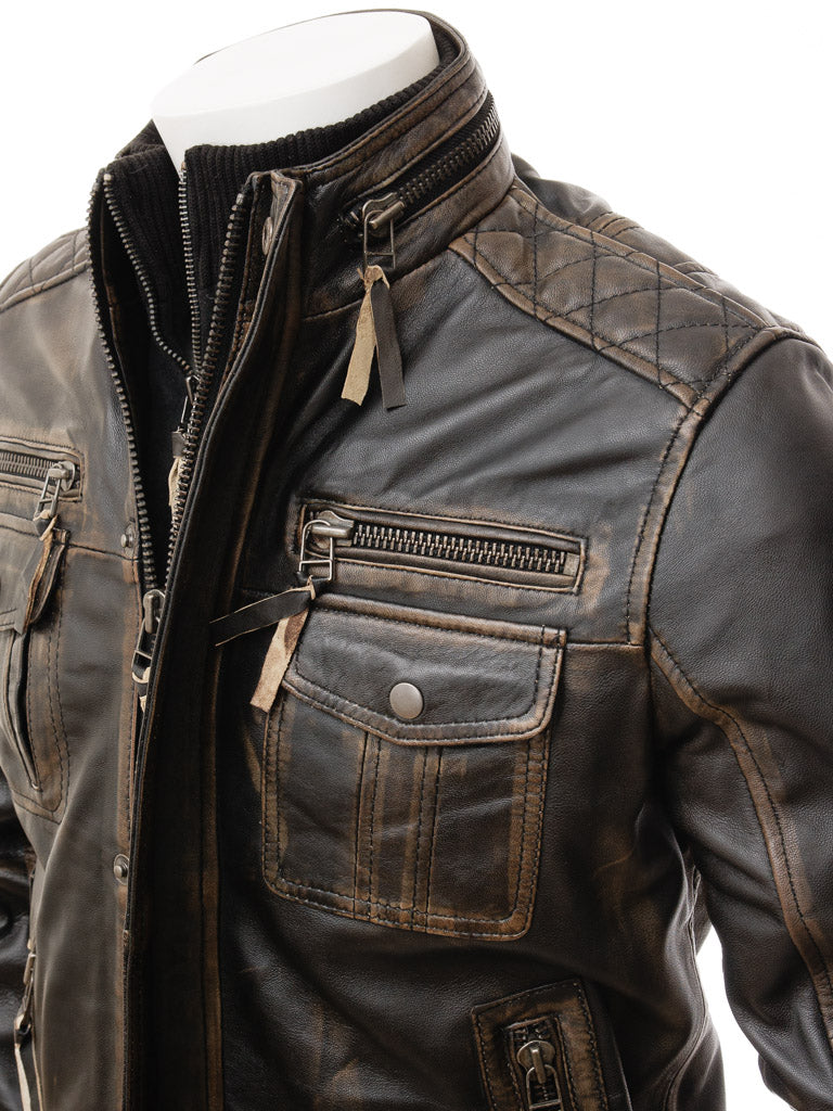 Men's Vintage Distressed Black Leather Jacket MG07