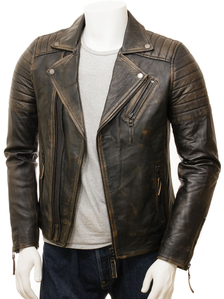 Men's Vintage Distressed Black Leather Jacket MG01