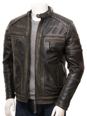 Men's Vintage Distressed Black Leather Jacket MG11